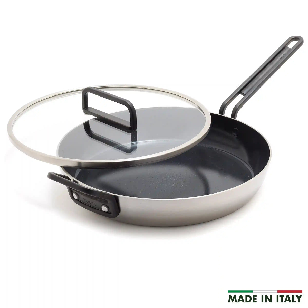 Stanley Tucci™ Stainless Steel Ceramic Nonstick 12" Frypan with Lid | Black Handle