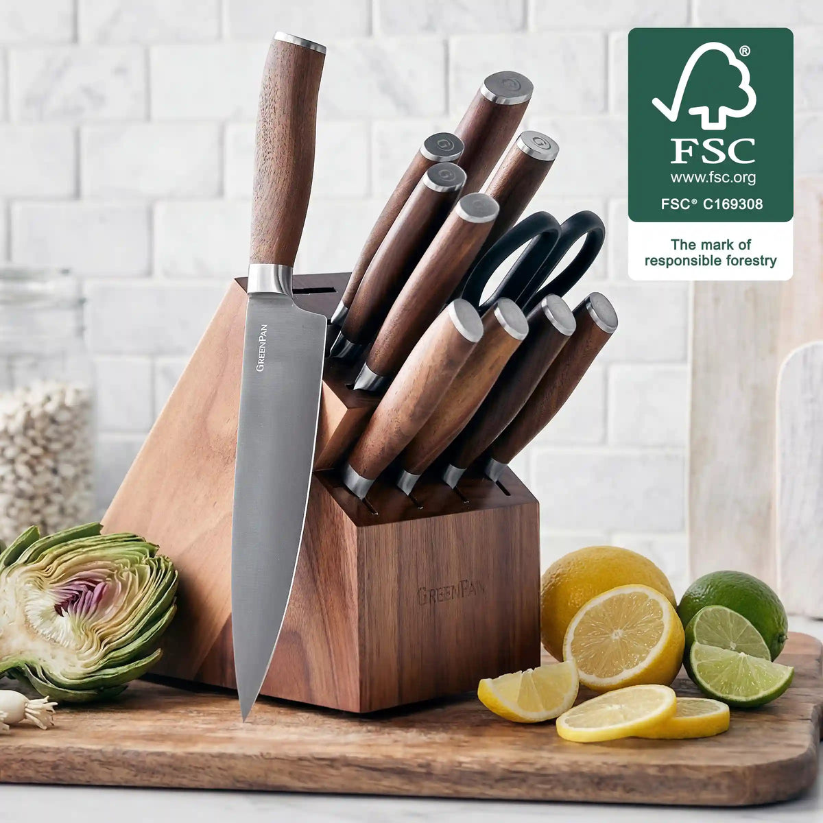 Premiere Titanium Cutlery 12-Piece Knife Block Set with Walnut Handles
